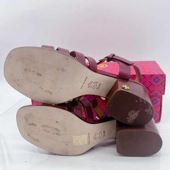 TORY BURCH FISHERMAN BLOCK HEEL SANDALS Claret Red Leather Womens US 6.5 - Picture 8 of 10